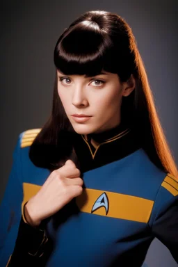 full color Portrait of 18-year-old prude Lenna Nimoy, with long, straight black hair, the bangs cut straight across the forehead, wearing blue star trek uniform - well-lit, UHD, 1080p, professional quality, 35mm photograph by Scott Kendall