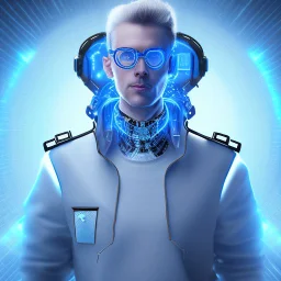 Cyber wizard using glasses with blue matrix backgroud