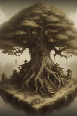 fantasy drawing of giant tree. Concept art. very small miniature city at its roots.