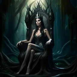 Morena Baccarin as a beautiful sexy dark elf queen seated elegantly on a throne in a mystical forest, dark celtic vignette frame, photo-realistic, cinematic lighting, award-winning photography