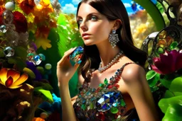 brunette woman in coloured glass gress set with gemstones, glittering metal stems and gemstone leaves in a flowergarden sharp focus elegant extremely detailed intricate very attractive beautiful dynamic lighting fantastic view crisp quality exquisite detail in the sunshine gems and jewels