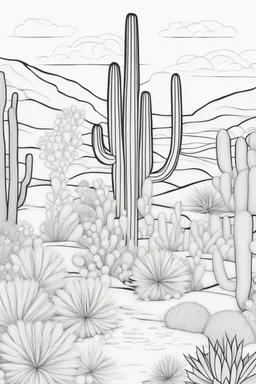 Stress Relief themed coloring page for adult, cartoon style, thick outline, No details, No shading, No colors, no background, black outline only, A cute desert oasis with intricate cactus patterns and gentle, soothing hues.