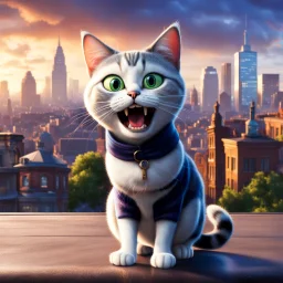 Gato antropomorfico asustado, estilo Pixar, fondo de ciudad