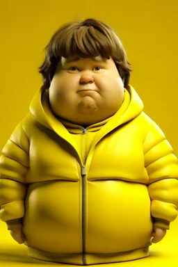 Fat boy in a yellow jacket with a edgar hairstyle