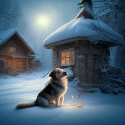 SAD,SCARED, LONELY DOG TIED UP IN FRONT OF HOUSE, winter, 8k resolution, high-quality, fine-detail, intricate, digital art, detailed matte, volumetric lighting, illustration, 3D octane render, brian froud, howard lyon, selina french,