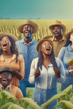 a diverse group of farmers singing in the farming field