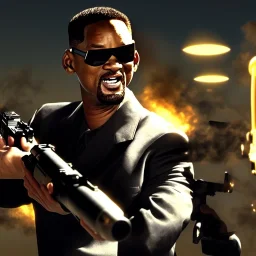 portrait, will smith from 'Men in Black', firing massive gun, scared, dynamic lighting, 8k, ultra detailed