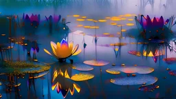 misty evening in the swamp, close up holographic gold and silver polish perfectly shaped flowers, yellow and pink and blue and orange, glowing fantasy, gold and orange and red and black, Salvador Dali, holographic data, soft body, shadow play, light, fog, atmospheric, vivid, red, purple, blue, cinematic, film light, hyper detailed, hyper realistic, masterpiece, atmospheric, high resolution, vivid, high contrast, dark angle, art by Koos Roos, 8k, HDR, 500px, swamp backgr
