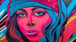 Image is a vibrant, stylized mural featuring a close-up portrait of a person with a striking and colorful design. The subject has a warm skin tone with facial features outlined in bold black lines. The eyes are large and expressive, with blue irises and detailed black pupils. The person is wearing a blue beanie and a coat with bright pink fur trim, adding a dynamic contrast to the overall color scheme. The face is covered with handwritten text in black, creating a textured overlay that adds dept