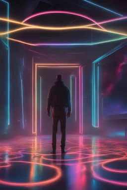 A hyper-realistic , a music composition cover featuring darkness and cybernetic silhouettes enveloped in the auras of neon reflections. Pay attention to how light and shadows interact against a cosmic landscape backdrop, 64K, hyperrealistic, vivid colors, (glow effects:1.2) , 4K ultra detail, , real photo