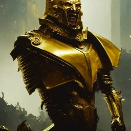 evil king in gold metal armor, angry, emperious, 8k resolution concept art portrait by Greg Rutkowski, cyberpunk 2077