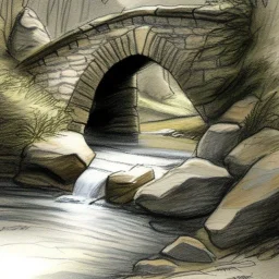 a painter draws a sketch at a little stone bridge, brook, highly detailed, smooth colours