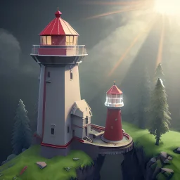 low poly art style, tiny cute isometric very detailed 1lighthouse shining light, ominous low poly grey clouds, soft smooth lighting, with soft colors, god rays, mist on the horizon, 100mm lens, 3d octane render, trending on cgsociety, (modular constructivism), gradient background, physically based rendering, centered.