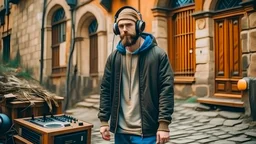 short beard man with cap, DJ play records ,at medieval city street background, full body