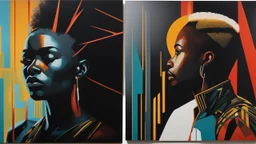 split image; left image: acrylic minimal painting of an african cyberpunk wizard with mohawk hairdo; right image: shadows cast on wall of black glass slabs; overheat, dramatic, cinematic, sudden jolt dynamics, cyberpunk wear, afro-futurism, sharp shadows, harsh contrasts, great verticals, great parallels, great reflections, unsettling shadows, surreal futurist architecture art, surreal liminal space, tribal style, tribal vibe, tribal patterns, vivid black colors