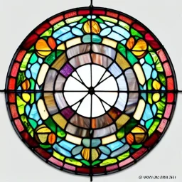 circular wrought iron frame window with stained glass effect, highly detailed, intricate, warm colors