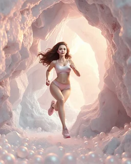 make a picture pretty crystal cave covered with jwellary and 3d recursive cubic and sphere base pearls and a beautiful goddess lady with cute,curvy hair,makeup, in pretty sports suit with jewels is running inside cave ,dynamic camera fallow her inside cave capturing full body, dynamic lights.
