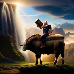 Ultra detailed fullbody Portrait in oil on canvas of Thor with asgardian armor riding a Giant Goat,extremely detailed digital painting, extremely detailed face,crystal clear eyes, mystical colors ,perfectly centered image, perfect composition, rim light, beautiful lighting,masterpiece,8k, stunning scene, raytracing, anatomically correct, in the style of robert e howard and Wizyakuza and Ohrai Noriyoshi and Simon Bisley and uncannyknack and Steve Jung.