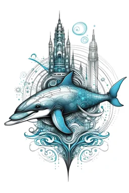 Design a Galactic Dolphin with digital fins exploring an underwater city, white background, sketch style, full body, and intricate mandala details for a mesmerizing touch