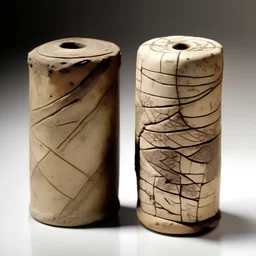 two clay cylinders covered with etchings in a strange language. small and fragile, with large cracks running down their sides
