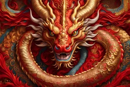 Amazingly beautiful painting of Chinese dragon portrait in red and gold canvas, filled with a unique oriental ornaments, patterns, dots and colors, Miki Asai Macro photography, close-up, hyper detailed, trending on artstation, sharp focus, studio photo, intricate details, highly detailed, by greg rutkowski, Gustav Klimt