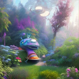 pixar style, volumetric summer garden environment and background, hyper realistic painting of futuristic puffer Nike sneaker, looking excited, volumetric lighting, dramatic lighting, detailed digital painting, anime, ornate, colour-saturated colors, chaotic, small minutiae, tiny features, particulars, centered, smooth, sharp focus, renderman gofur render, 8k, uhd, detailed eyes, realistic shaded volumetric lighting, sunlight caustics, backlight, centered camera view