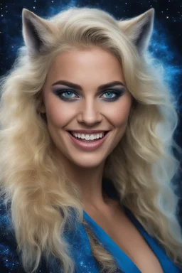 full color, facial portrait, smiling Heather the werewolf with (((Blonde Hair))), (((blue eyes))), 32k, UHD, Professional Photo -- Botany - Starry - Retro Pop - Dark Fantasy - Horror - Festive - Realistic - 32k, UHD, professional quality, 8 x 10 digital photograph