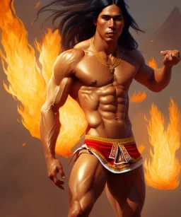 native american warrior, long black hair, dancing on top of fire, big muscles, loincloth, shirtless, 8k resolution concept art portrait by Greg Rutkowski