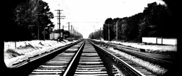 view of Railroad tracks passing from side to side , black and white, oval fade boarder vignette