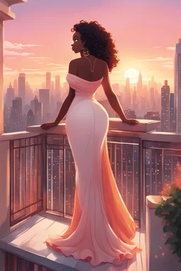 The scene opens onto a serene balcony overlooking a bustling city skyline. The sky above is painted in soft hues of orange and pink as the sun begins its descent, casting a warm glow over everything it touches. In the foreground stands a captivating figure, a chibi cartoon curvy black woman exuding confidence and elegance. She is adorned in a flowing white knit maxi dress that hugs her curves in all the right places, accentuating her silhouette. Her choice of footwear is equally stunning –