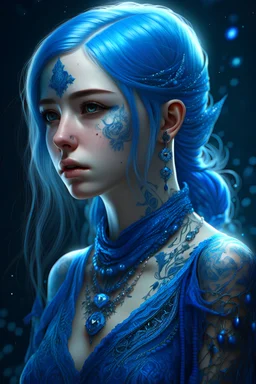 A Young beautiful girl decorated in blue lace and blue crystals, white and blue hair, octane render Artstation perfect composition, intricate details, hyper details, masterpiece, perfect composition, perfect anatomy, perfect lighting, (((single subject ))), sf, intricate artwork masterpiece, ominous, matte painting movie poster, golden ratio, trending on cgsociety, intricate, epic, trending on artstation, by artgerm, h. r. giger and beksinski, highly det