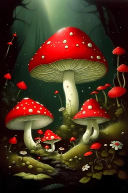 Mischievous gremlin, amanita muscaria mushroom inspired aesthetic, rich hues of red and white, hallucinatory and whimsical detailing, soft dream-like lighting, captured in mid-action, by Mary Blair and Theodor Kittelsen