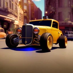 volumetric city environment and background, close-up of an 1930's hotrod parking at corner, small minutiae, classic dragster tires, tiny features, particulars, hires, 8k, uhd, realistic shaded volumetric lighting, ambient occlusion, backlight, centered camera, sunlight caustics, volumetric clouds, colour-washed colors, colorful