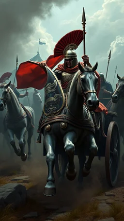Bosch painting style nightmare , 3D , a roman warrior in side Roman chariot has to horses , background, high Quality picture , 8k