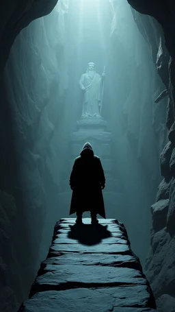 A hooded creature shadow standing on a narrow black stone path above the ground in a cave which has a tall god statute