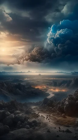 Fantasy world experiencing earth-shattering earthquake. The sky is clouded with smoke and ash