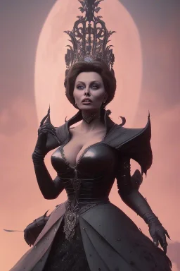 Sophia Loren as evil queen in black leather, cleavage, angry, stern look. character design by cory loftis, fenghua zhong, ryohei hase, ismail inceoglu and ruan jia. unreal engine 5, artistic lighting, highly detailed, photorealistic, fantasy