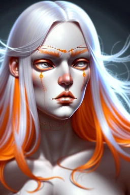 fantasy setting, woman with orange and white hair, tall and frail, soft facial traits, well outlined lips