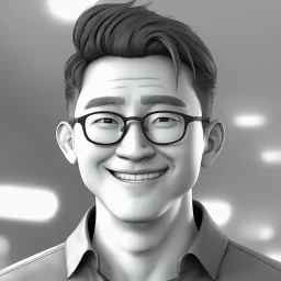 a portrait of smiling young adult man. taiwanese man. caricature. undercut hair. fair skin. square face shape. 3/4 view. black long sleeve shirt. pixar style. 3D. 4k. portrait. highly detailed. sharp focus. high resolution. full color. cinema lighting