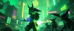 cyberpunk space city, in valley, close up on A space pirate priest rogue cowboy girl with disco ball rocket shooting sparks backpack named Daisy started doing the splits, Blew a fuse in his hips and short-circuited his bits, The Martian fluffy gremlins went wild, the Plutonians dogs screamed, Even black-and-white aliens turned ultraviolet green! in the style of fallout 4 and HR Giger, background motion blur , and volume fog spot lights