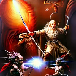 Dibujo al oleo épico de batalla del señor de los anillos del mago gandalf contra balrog estilo Michelangelo