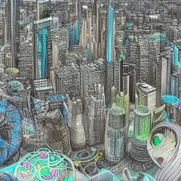 a highly detailed pencil and colour marker digital drawing of beautiful organic futuristic city in harmony with nature, full screen, fine details and contours, intricate, small minutiae, tiny features, particulars, sharp photo lens, acute outlines, digitally enhanced, least ambient occlusion, sidewalk view from the pedestrian perspective, wide angle camera, volumetric lighting, volumetric clouds, uhd, 8k, vitality colors, for book cover, enscape render, by Ghibli