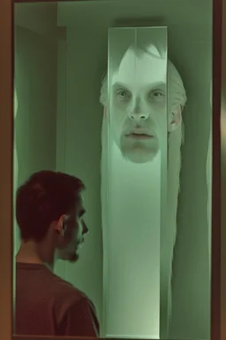 a man looking into a mirror and seeing a horrifying, abstract ghostly reflection