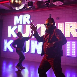 MR Kukrunk is Benny and DJ Roy in a disco, dancing, "Kukrunk" on sign wall, disco light, strobe, disco ball