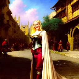 fullbody portrait 'beautiful blonde massivebreasts medieval woman on street in medieval city',corset,painting by gaston bussiere, greg rutkowski, yoji shinkawa, yoshitaka amano, tsutomu nihei, donato giancola, tim hildebrandt, oil on canvas, cinematic composition,sharp image, extreme detail,((fit full head inside picture)),32k