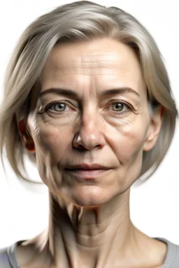 realistic, (49yr old female)without makeup, Caucasian beautiful face, 3/4 head position, dark hair, studio lighting, cinematic light, beautiful woman, milk beige middle hair, perfect anatomy, on white background, 8k Resolution, highly detailed, non-symmetrical body a, detailed hairstyles and skin texture