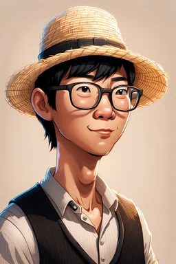 profile cartoon image from photo, with glasses, very short black hair, wearing a straw hat and a black vest, asian, male