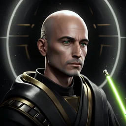 star wars bald male corellian jedi pilot wearing gunmetal grey and black old republic armored robes with gold trim inside the jedi temple holding a lightsaber with viridian green blade in left hand, centered head and shoulders portrait, hyperdetailed, dynamic lighting, hyperdetailed background, 8k resolution, volumetric lighting, light skin, fully symmetric details