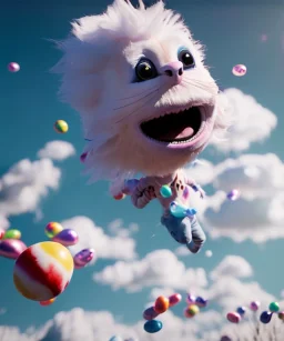 Ultra realistic speed clouds sky scene, wide angle view, child falling down with many Children background, inflatable monsters, circus dress style, feather color, free jumping flying, many trinkets, hair monster, many jelly beans, balls, color smoke, smile, happy, extreme, wind, clouds sea, 20,000 feet altitude, stratosphere, soft color, highly detailed, unreal engine 5, ray tracing, RTX, lumen lighting, ultra detail, volumetric lighting, 3d, finely drawn, high definition.