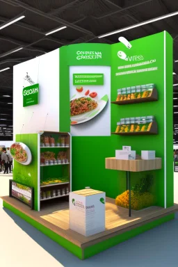 Corner green exhibition stand of a food company with product displays and a meeting area